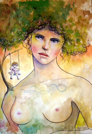 Obra: "La dama del columpio" acuarela 55 x 70 cm